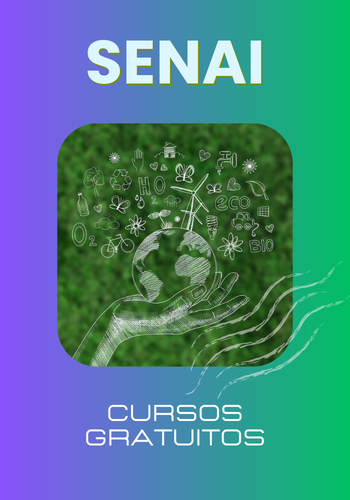 Desenho estilizado de uma mão verde com ícones de sustentabilidade e o texto 'SENAI CURSOS GRATUITOS' em um fundo verde. SENAI AM 2024